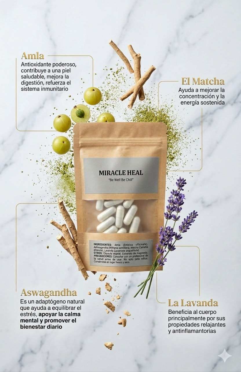 Ingredientes naturales de Miracle Heal: Amla, Matcha, Ashwagandha, Lavanda